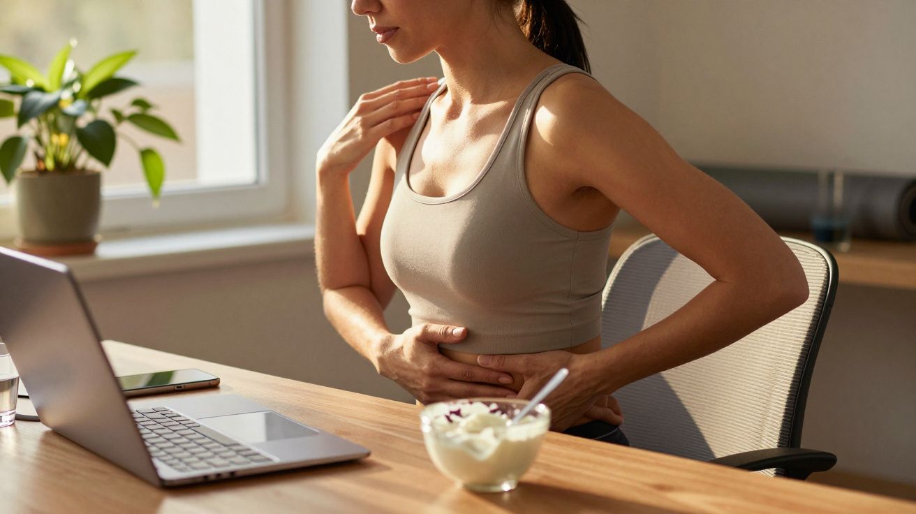 Mulher sentada à secretária, tocando o estômago e ombro. Portátil e iogurte na mesa. Ambiente iluminado por luz natural.