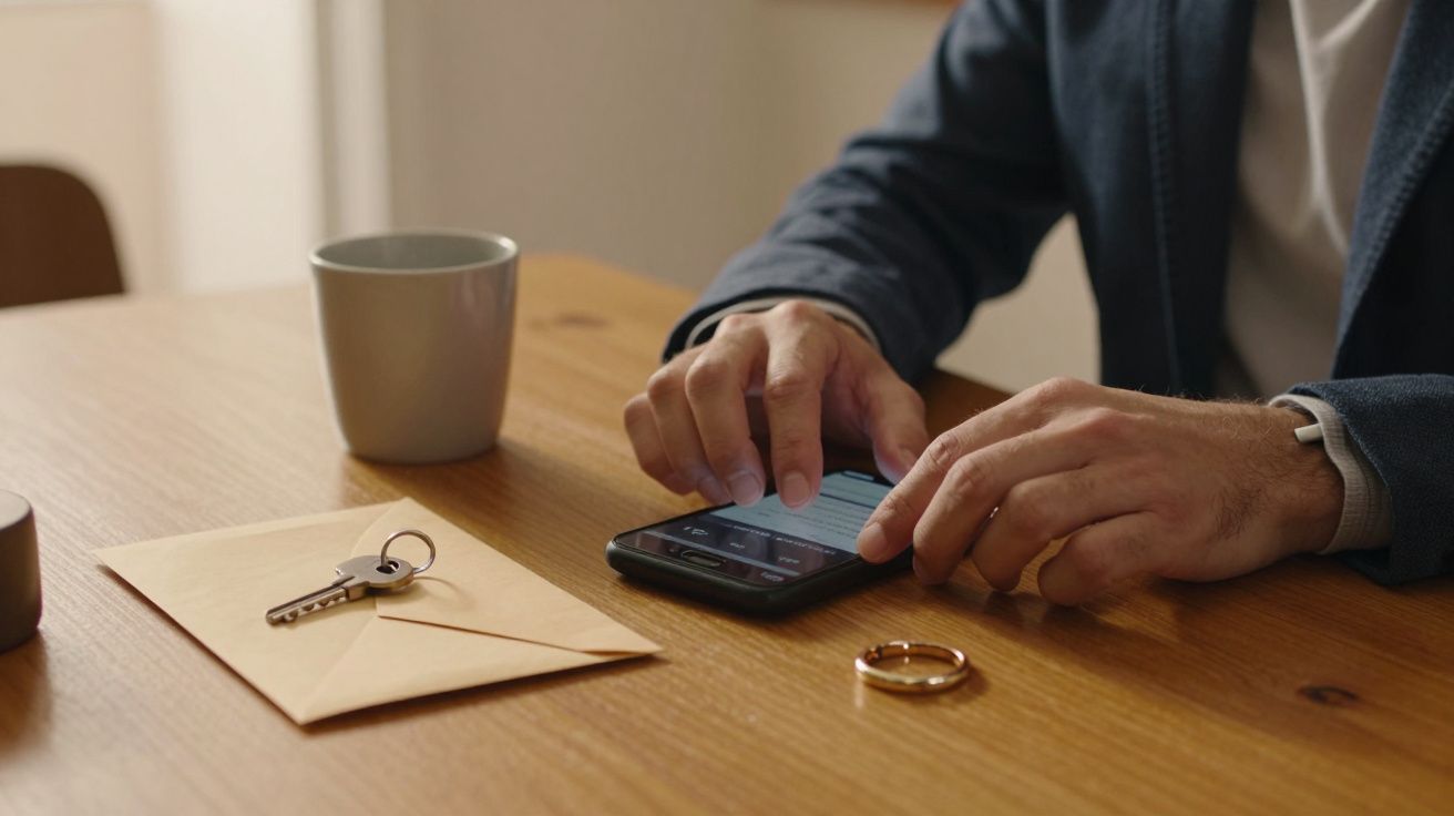 Homem usando telemóvel na mesa com envelope, chave, caneca e anel de ouro.