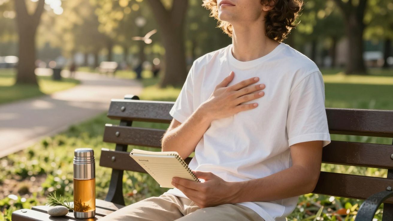 Jovem sentado em banco de parque com bloco de notas e termo, mão no peito, rodeado por vegetação em dia ensolarado.