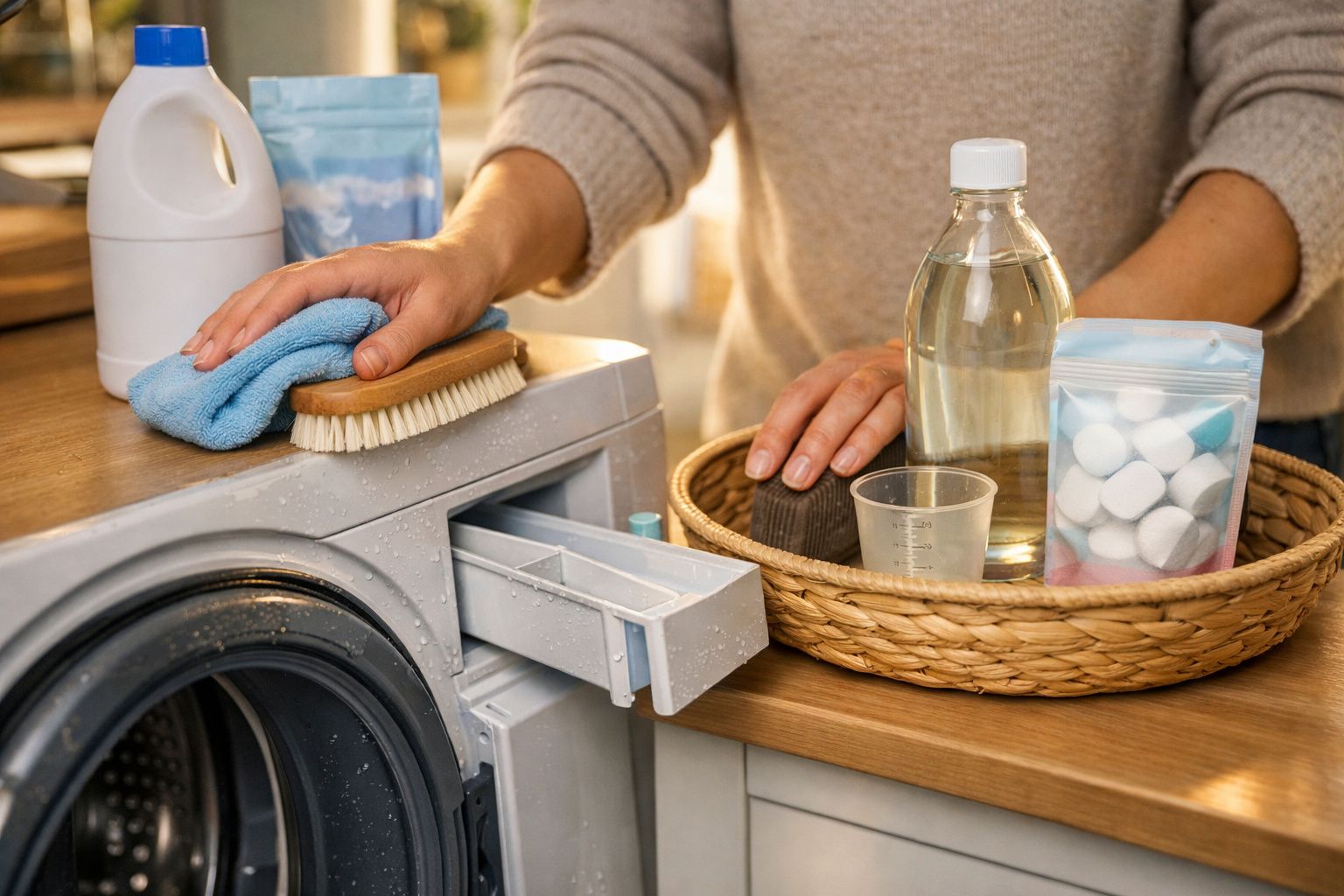 Pessoa coloca detergente líquido numa máquina de lavar roupa aberta.