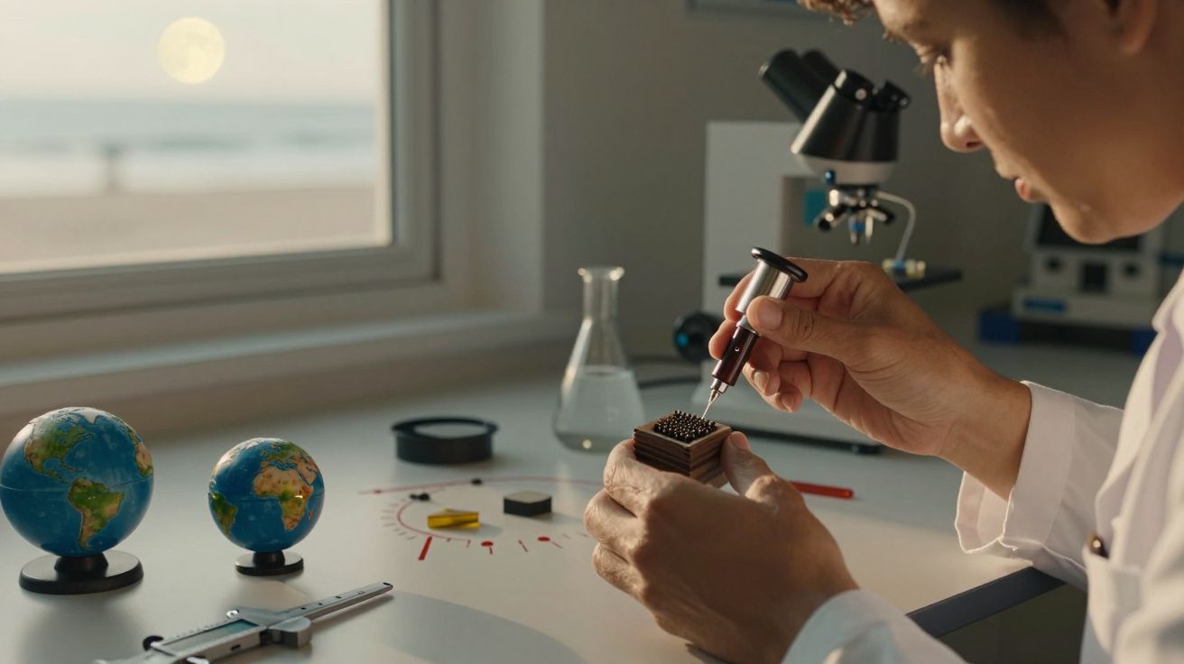 Cientista ajustando dispositivo em bancada, com mini globos, lupa e janela com vista para a praia ao fundo.