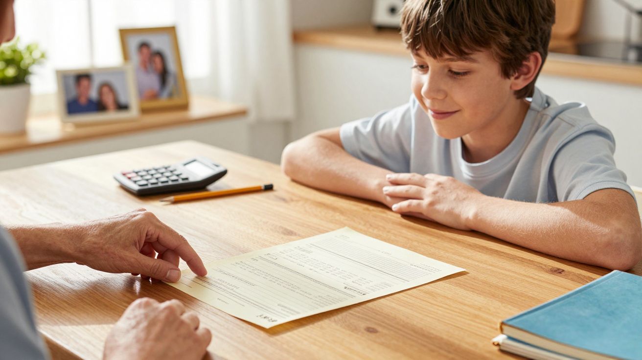 Criança e adulto a conversar à mesa com documentos, calculadora e livros por perto.