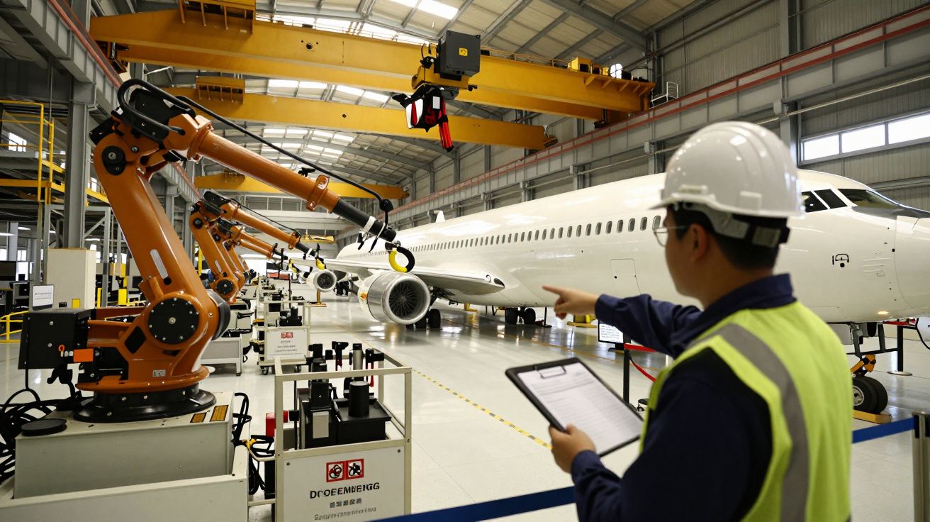 Técnico com capacete aponta para robôs industriais e um avião em fábrica de montagem de aeronaves.