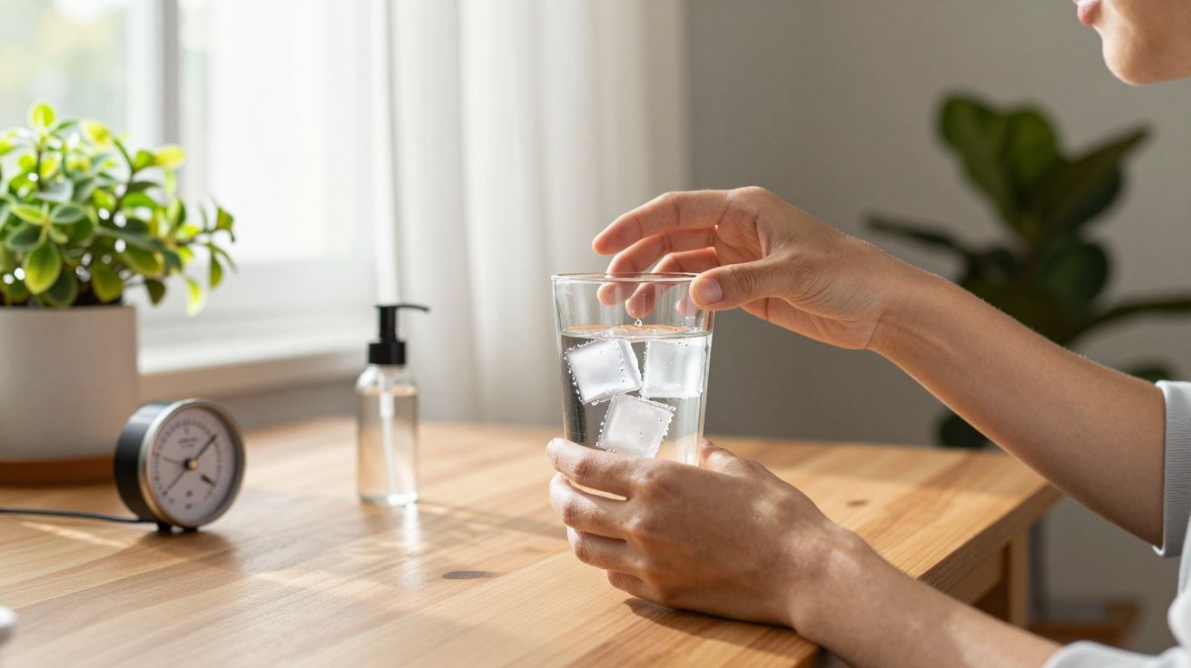 Mãos seguram copo de água com gelo sobre mesa de madeira, ao lado de um relógio, planta e frasco de álcool gel.