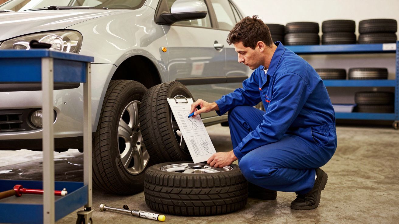 Homem de macacão azul examina pneus ao lado de carro prateado numa oficina, segurando uma ficha de inspeção.