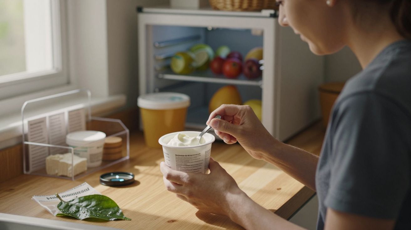 Mulher segurando um iogurte com colher à frente de um mini frigorífico com frutas e um jarro amarelo.