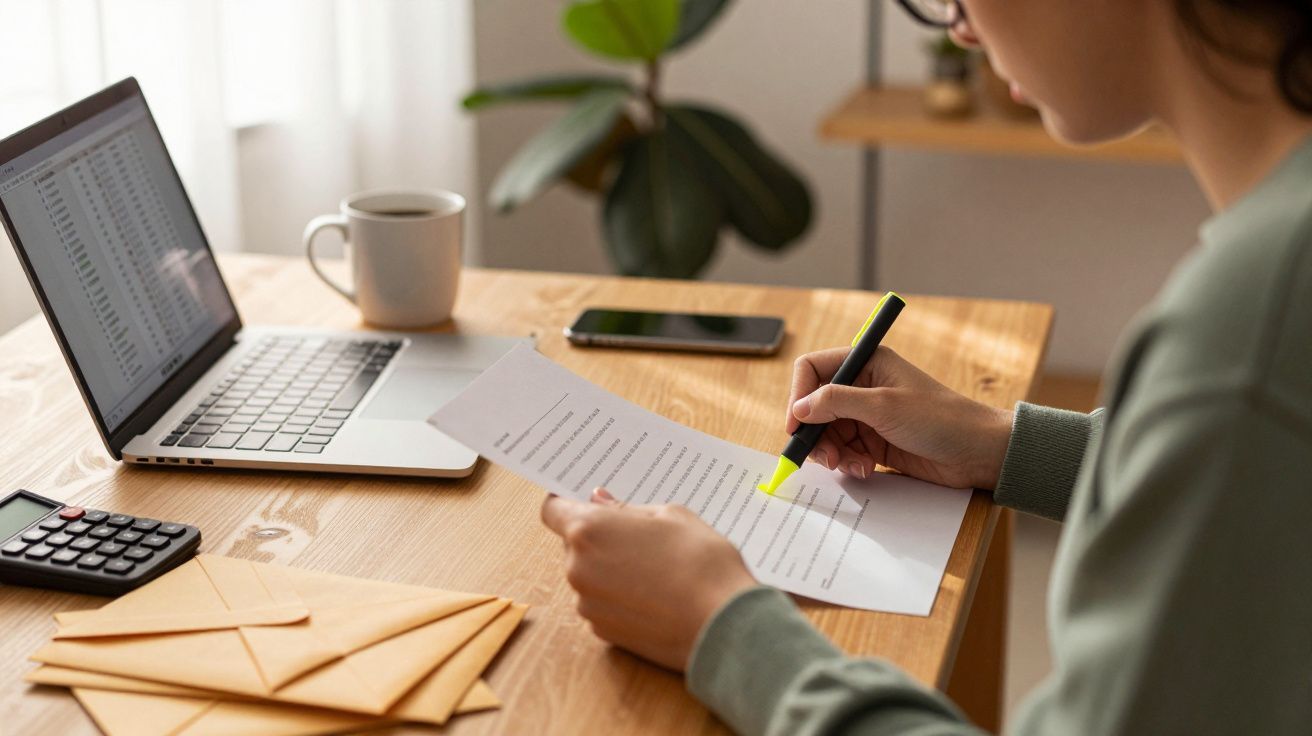 Pessoa sublinha documento com marcador amarelo, ao lado de um laptop, calculadora, chávena e telemóvel em mesa de madeira.