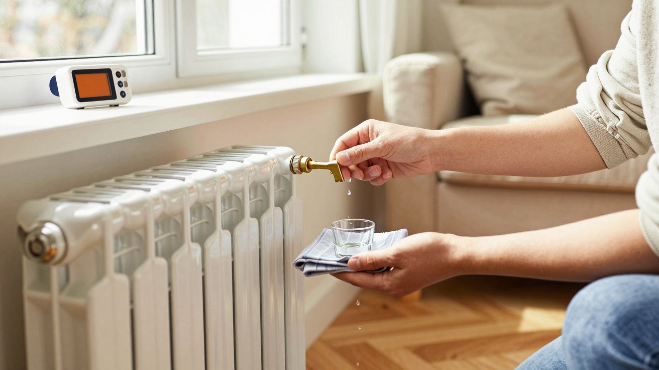 Pessoa a esvaziar um aquecedor com uma chave, recolhendo água num copo junto a uma janela.