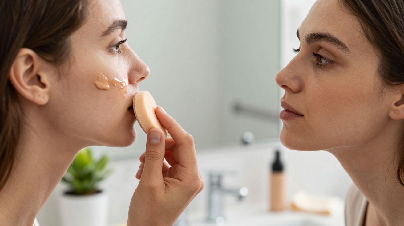 Duas mulheres numa casa de banho, uma aplica base na face da outra usando uma esponja, plantas no fundo.