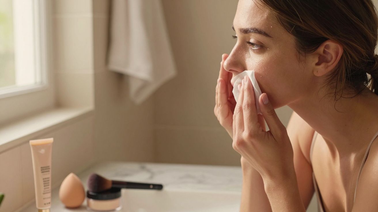 Mulher cuidando da pele com uma toalha no rosto, produtos de maquilhagem no balcão ao lado, perto de uma janela.