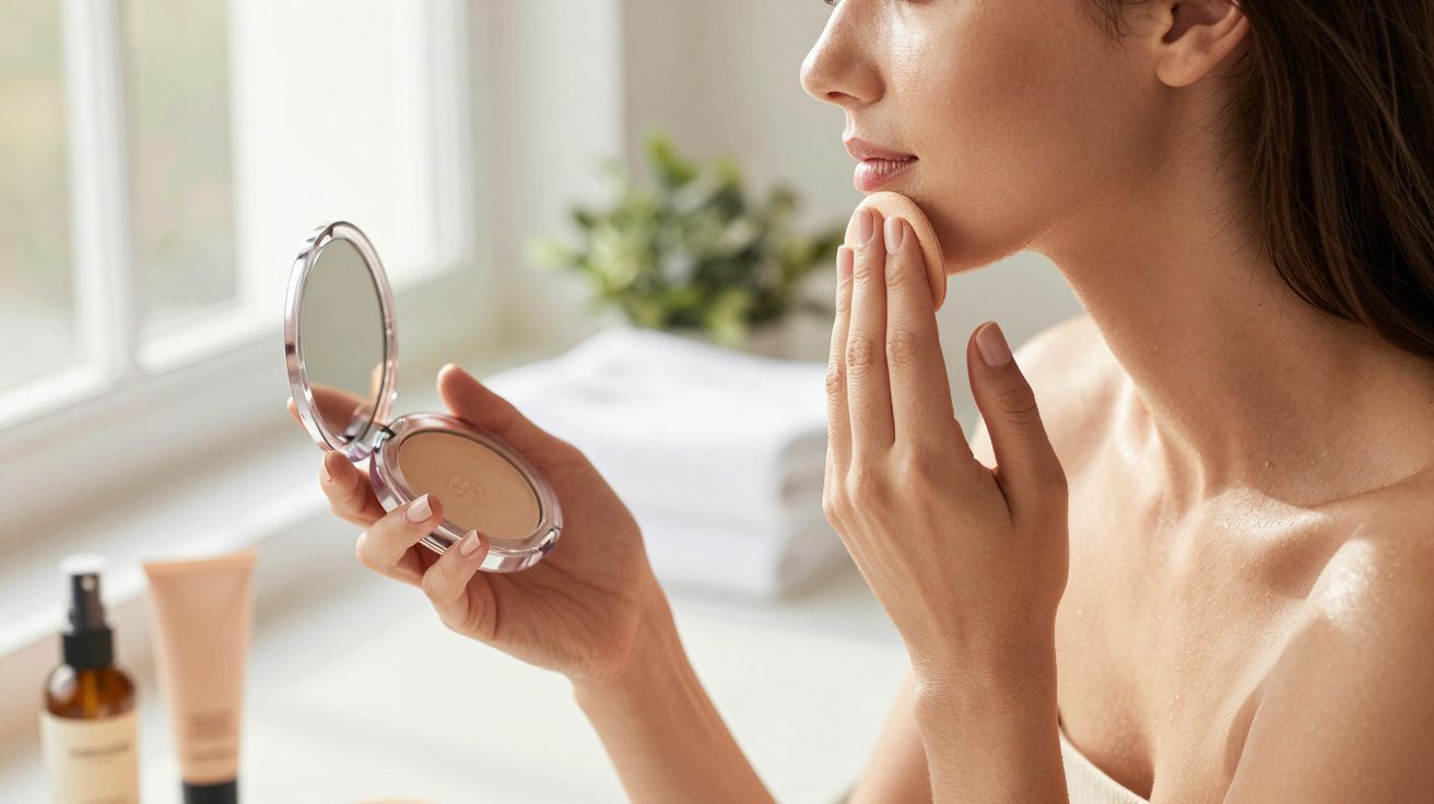 Mulher aplicando maquiagem com espelho de mão em ambiente iluminado, produtos de beleza ao fundo.