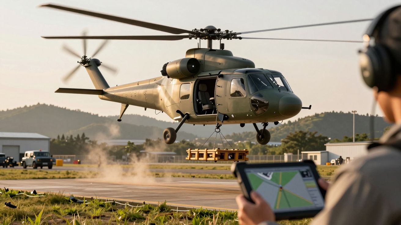 Helicóptero militar transporta carga em base aérea enquanto operador assiste com tablet.