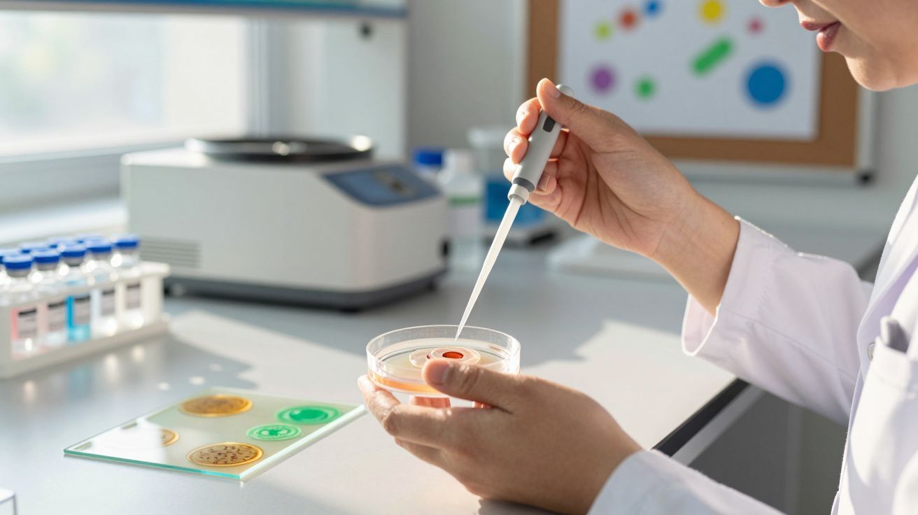 Investigador de laboratório utilizando pipeta para transferir líquido para uma placa de Petri numa bancada de investigação.