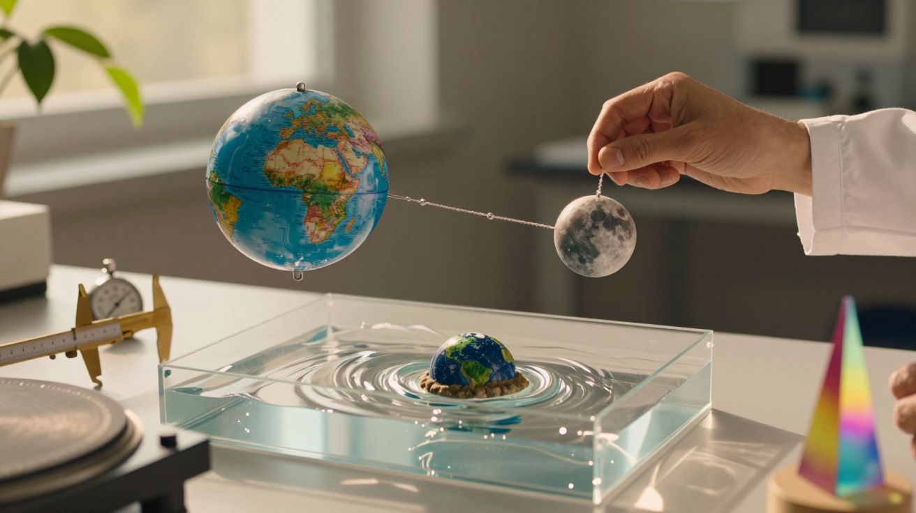 Modelo de um sistema Terra-Lua sobre água ondulante, demonstrando gravidade. Mão ajusta a Lua suspensa por fio.