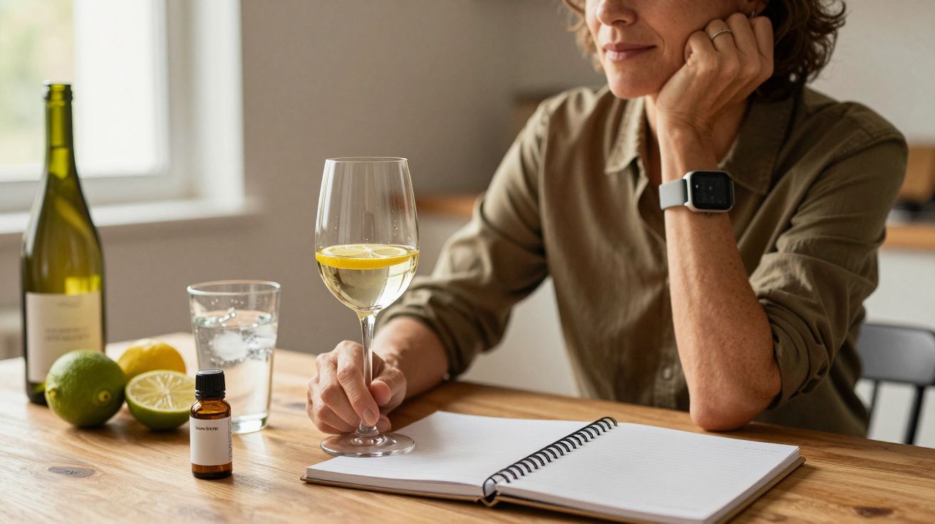 Mulher com copo de bebida e limão à mesa, com caderno aberto e ingredientes frescos ao lado.