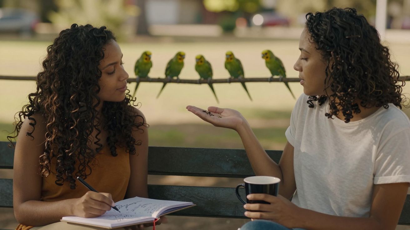 Duas mulheres sentadas num banco de parque, uma desenhando, outra alimentando periquitos, com árvores ao fundo.