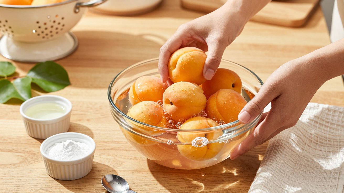 Mãos lavando damascos numa tigela com água, ao lado de taças com ingredientes numa bancada de madeira.
