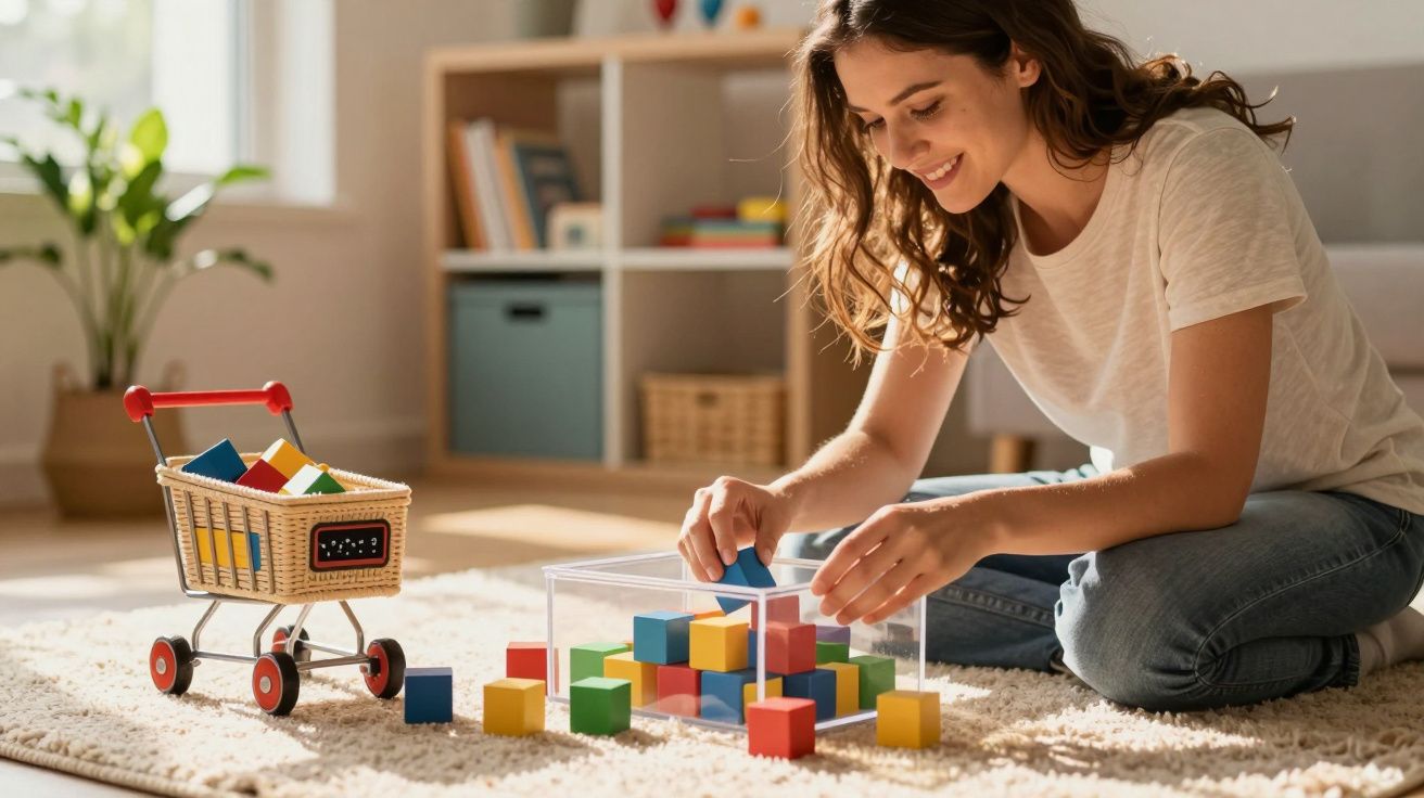 Mulher brinca no chão com blocos coloridos ao lado de um carrinho de brinquedo numa sala iluminada.