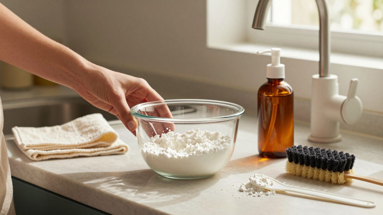 Mão segurando uma tigela de vidro com pó branco numa bancada de cozinha, ao lado de escova, frasco e pano.