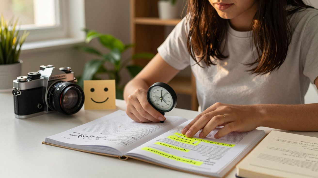 Pessoa estudando com livro aberto, segurando relógio, câmara fotográfica ao lado e post-it com cara sorridente.
