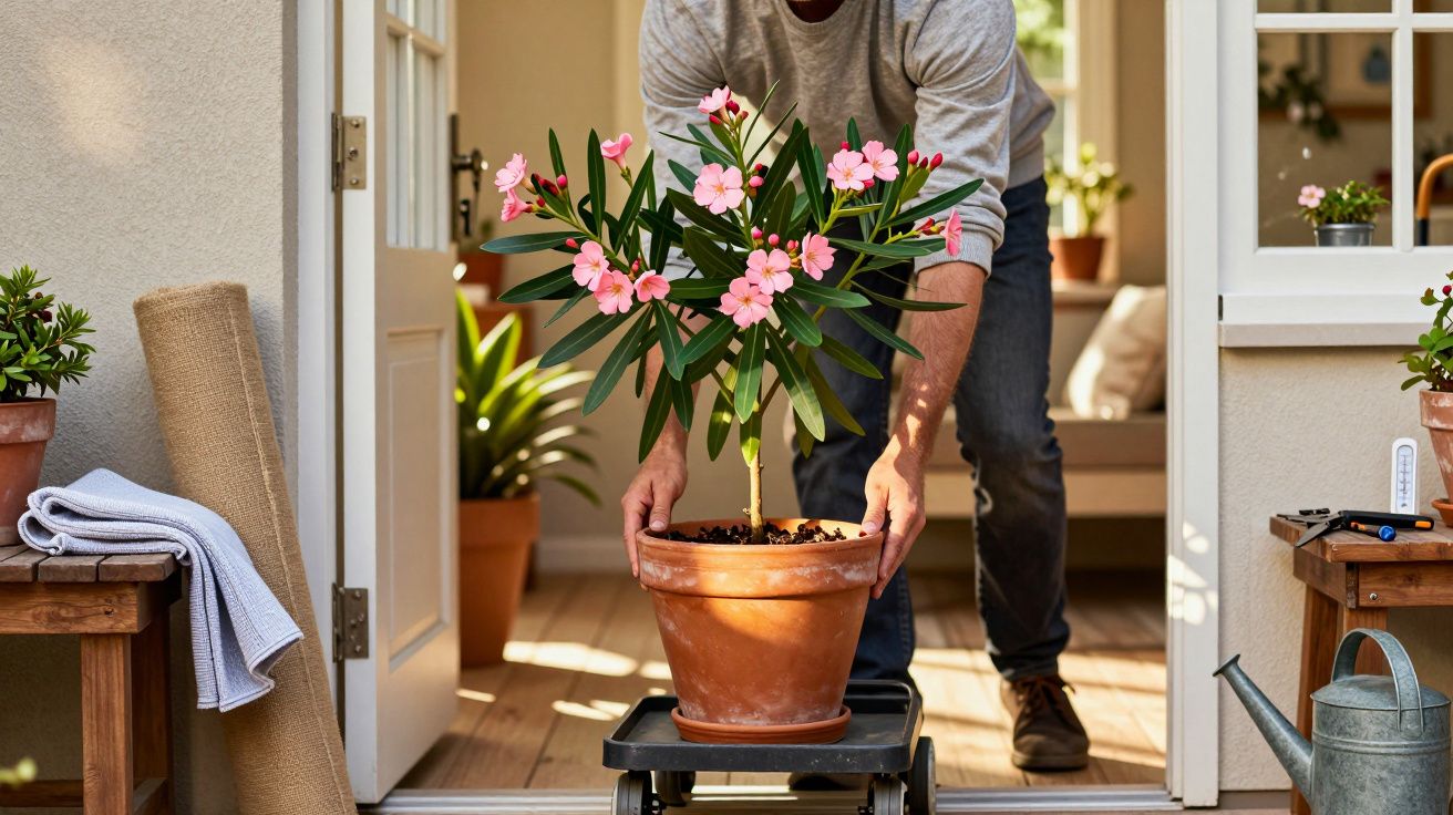 Homem a mover vaso com planta florida na entrada de uma casa.