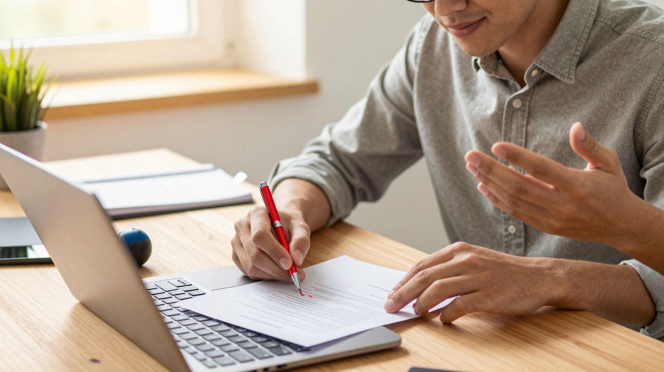 Homem numa secretária a rever documentos impressos com um portátil aberto, segurando uma caneta vermelha.