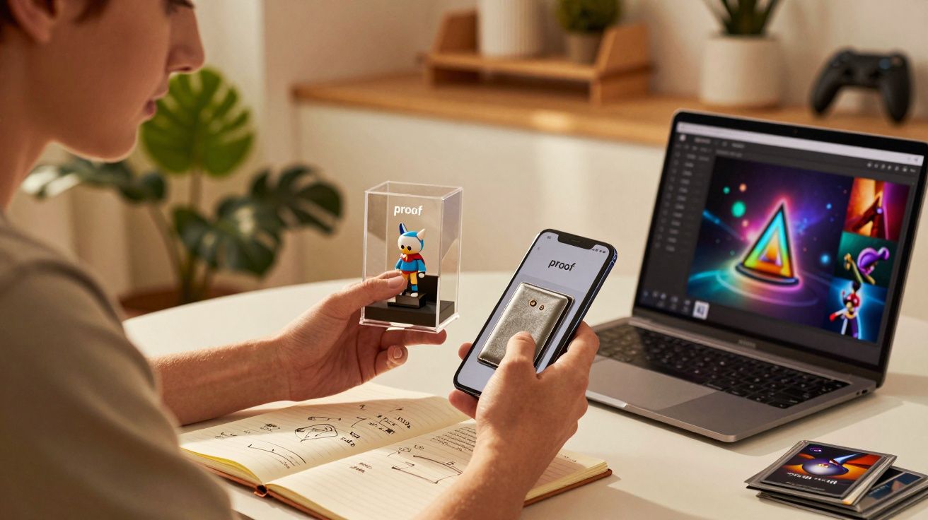 Pessoa segurando figura colecionável e smartphone, com portátil aberto na secretária e bloco de notas ao lado.