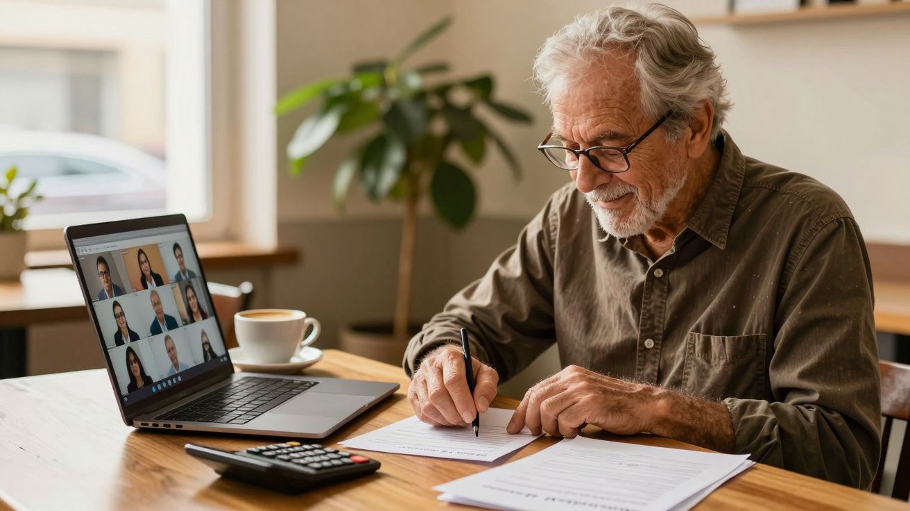Homem idoso escreve em documentos, com computador portátil e chávena ao lado, numa mesa de madeira.