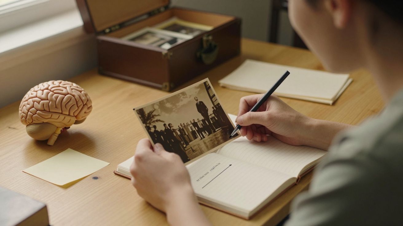 Pessoa escreve num caderno enquanto segura uma foto antiga; há um modelo de cérebro sobre a mesa.