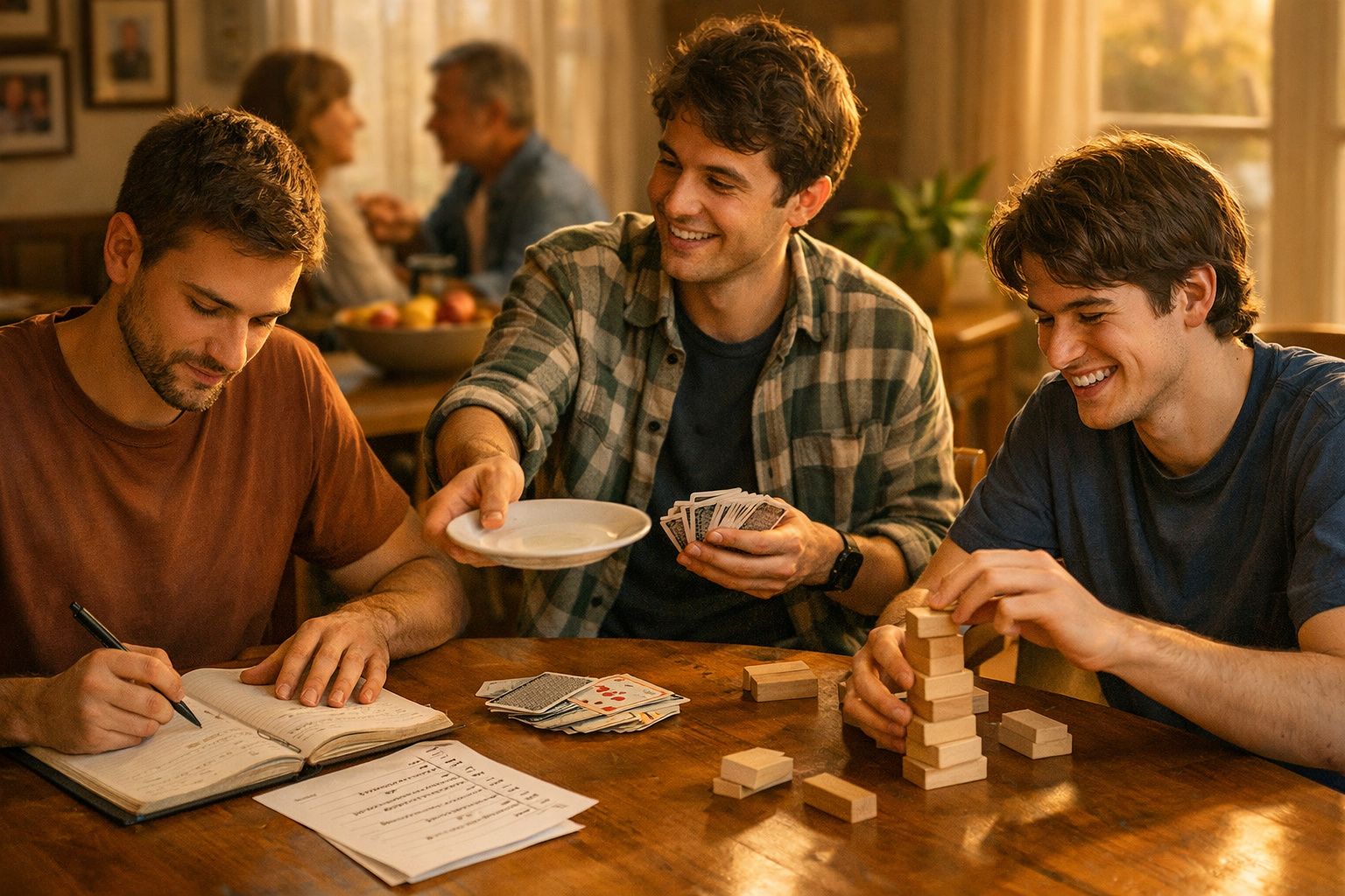 Três crianças sentadas à mesa comem de frascos. Há uma tigela de salada ao lado. Ao fundo, uma fotografia na parede.