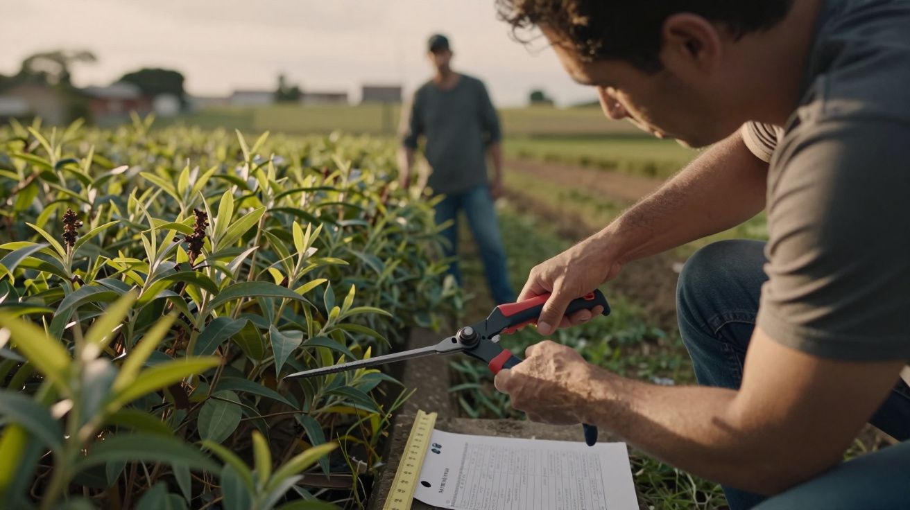 Homem poda plantas num campo agrícola, segurando uma tesoura e um caderno de anotações.