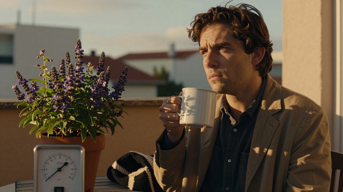 Homem na varanda a beber de uma caneca, ao lado de um vaso de flores e um rádio antigo, ao pôr do sol.