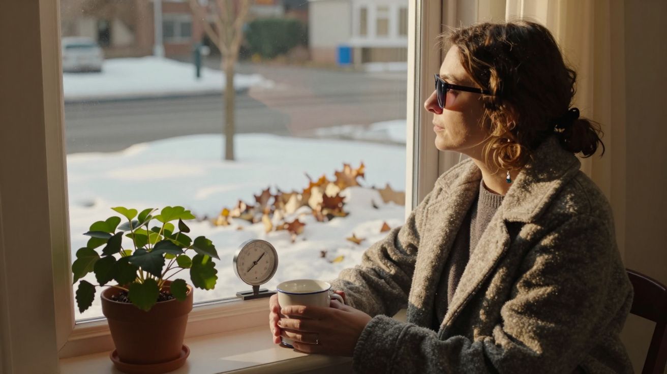 Mulher de óculos segura uma caneca, olhando pela janela para um jardim coberto de neve. Planta e termómetro na janela.