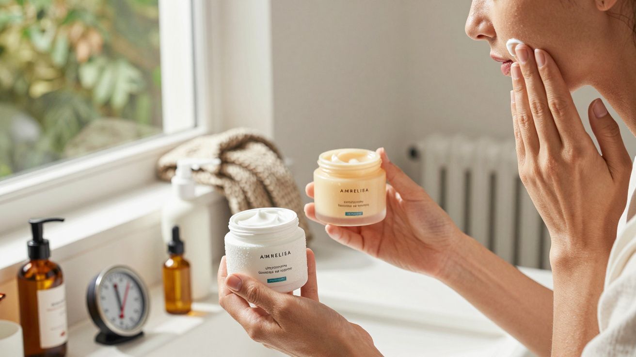 Mulher aplica creme facial, segurando dois frascos de creme em casa de banho iluminada pela luz natural.