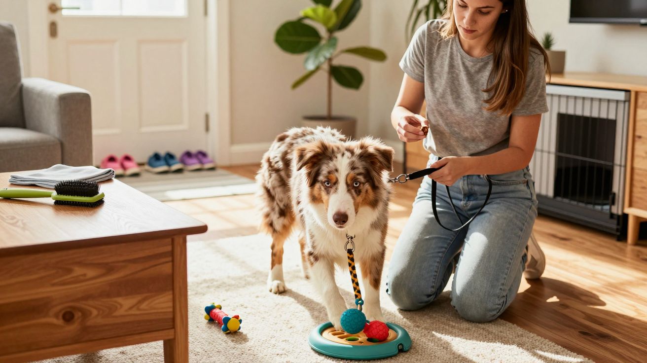 Mulher escova cão na sala com brinquedos de cão no chão.