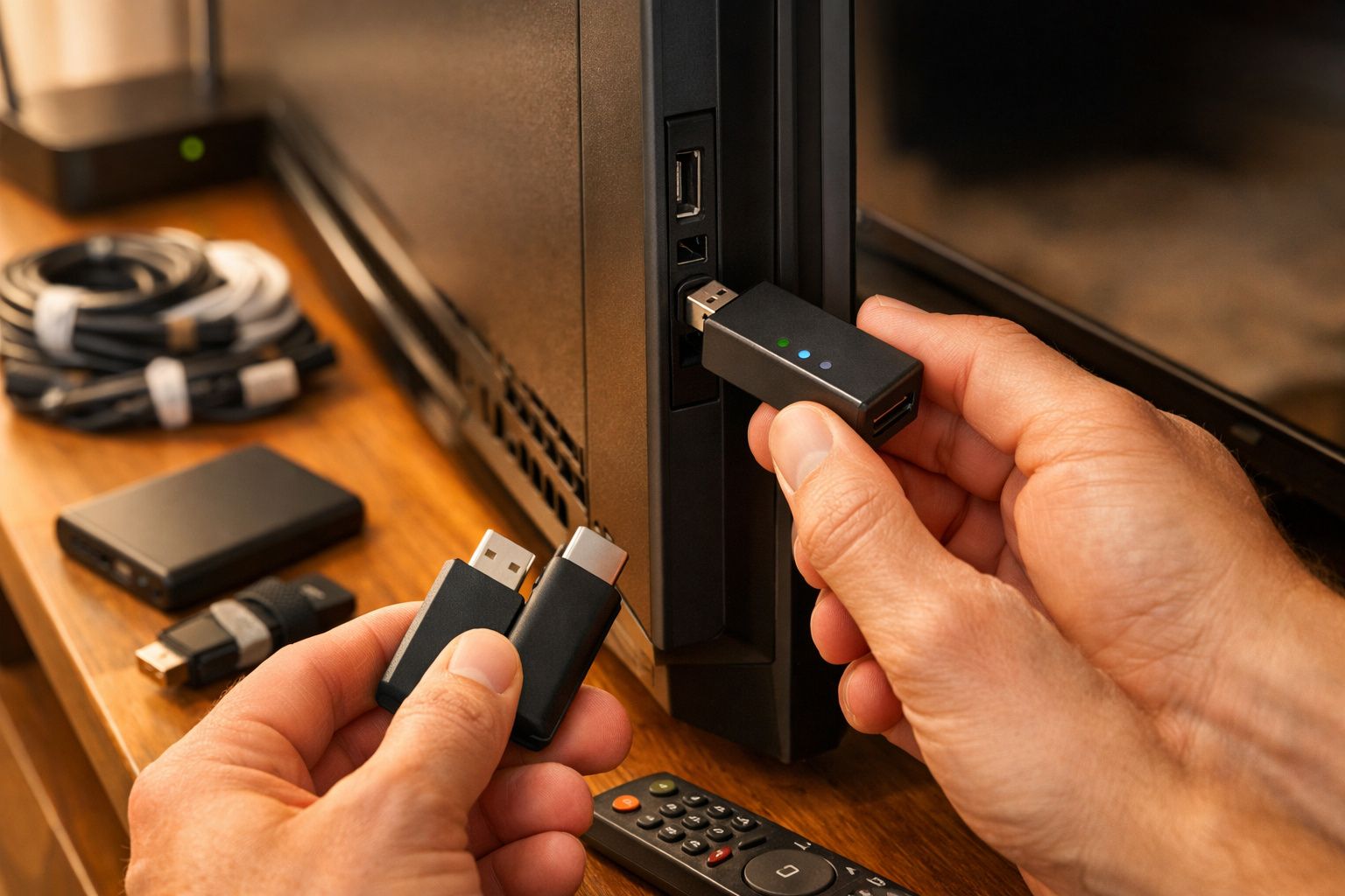 Pessoa usa telecomando e dongle para streaming na TV com interface colorida.