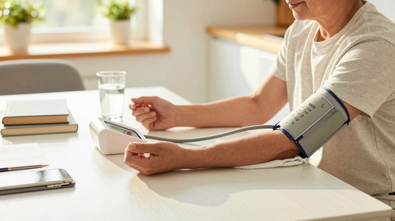Pessoa mede a pressão arterial com aparelho digital numa mesa com livros e copo de água.