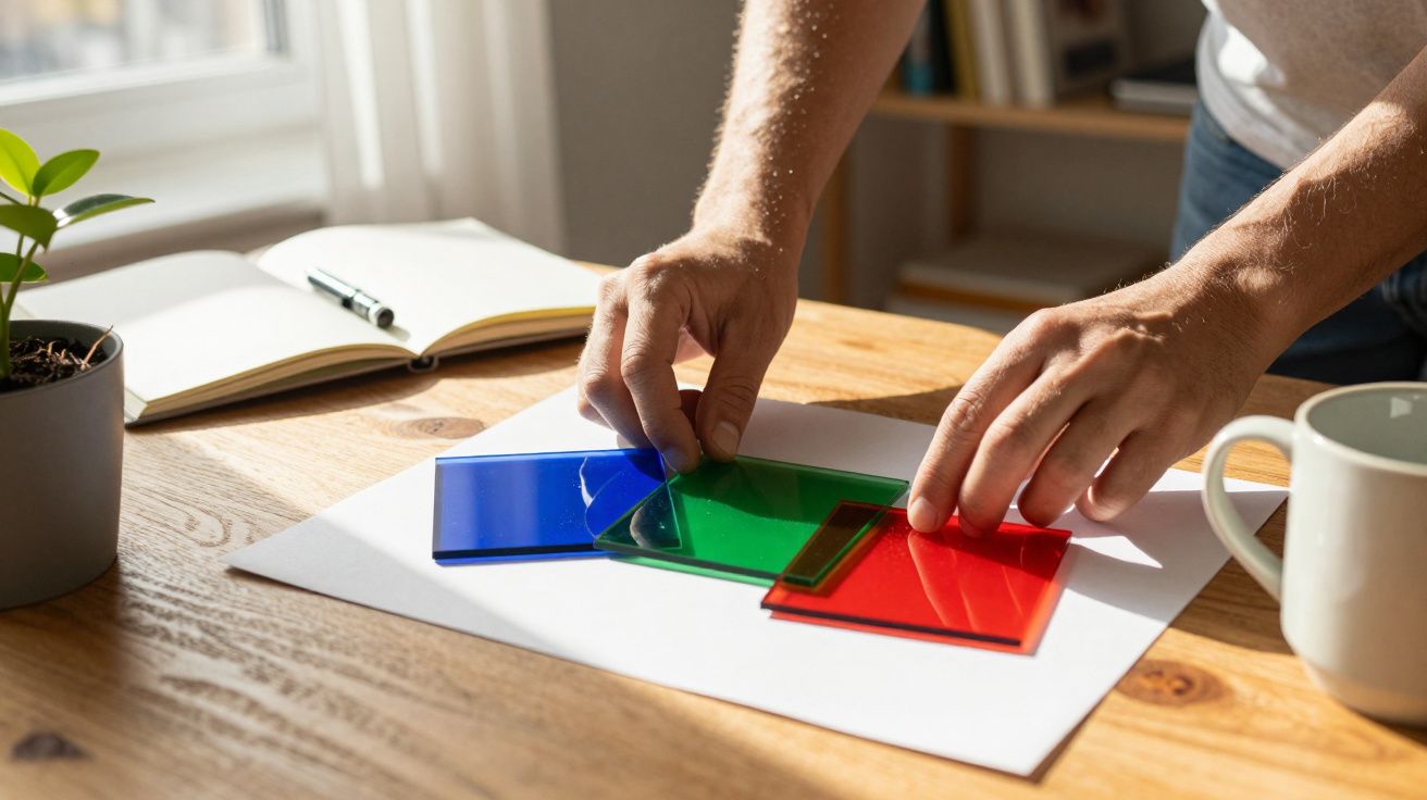 Mãos colocando filtros coloridos sobre papel na mesa de madeira, com planta, caderno e caneca ao redor.