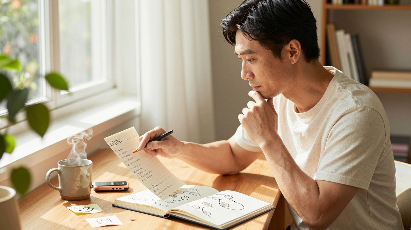 Homem sentado à mesa, escrevendo e analisando notas num caderno, com uma chávena de café ao lado, junto a uma janela.