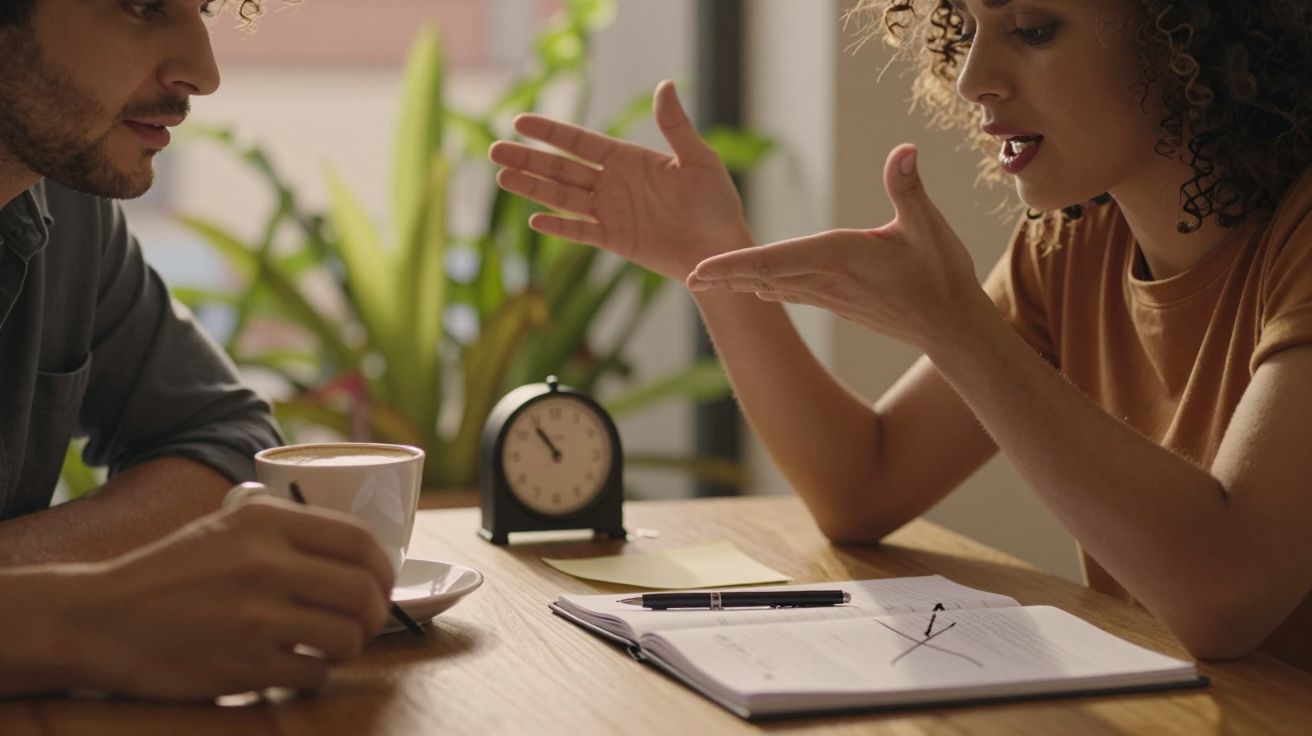 Duas pessoas discutem em frente a um bloco de notas, com chávena de café e relógio na mesa, plantas ao fundo.