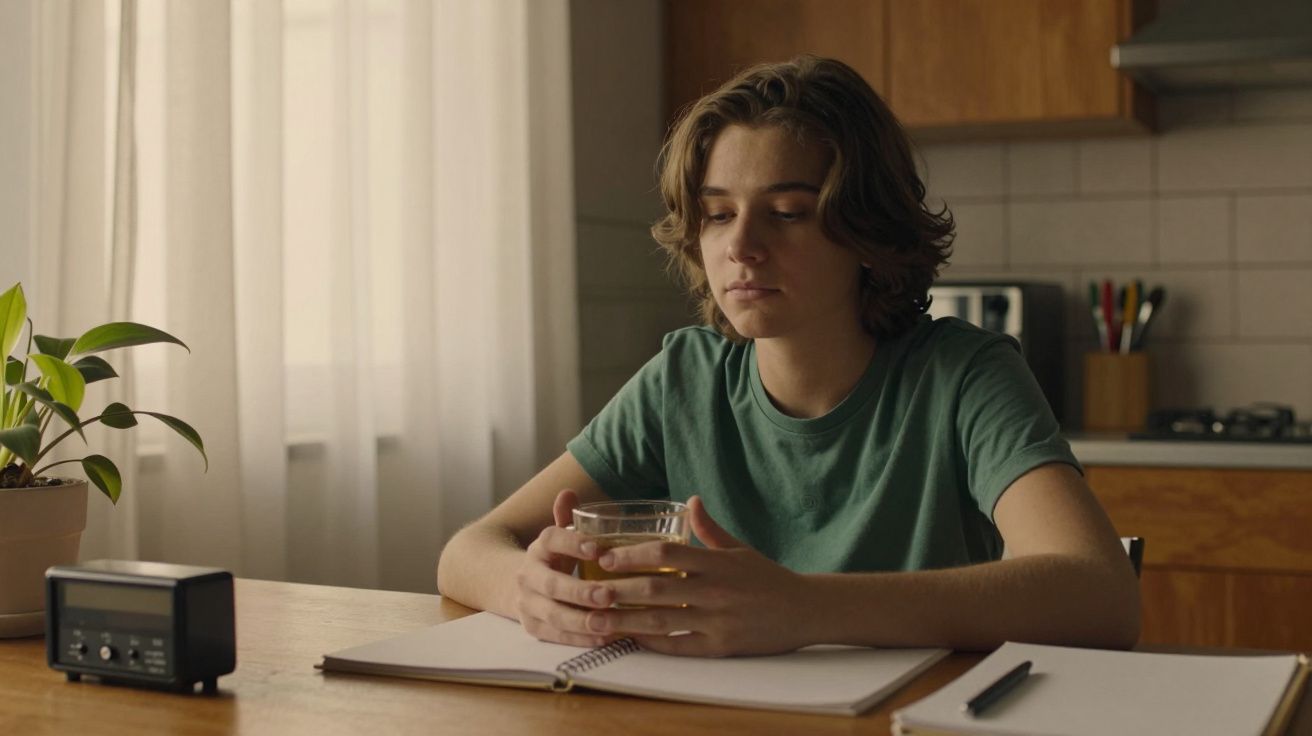 Jovem sentado à mesa de cozinha, olhando para um copo na mão, com caderno aberto e planta ao lado.