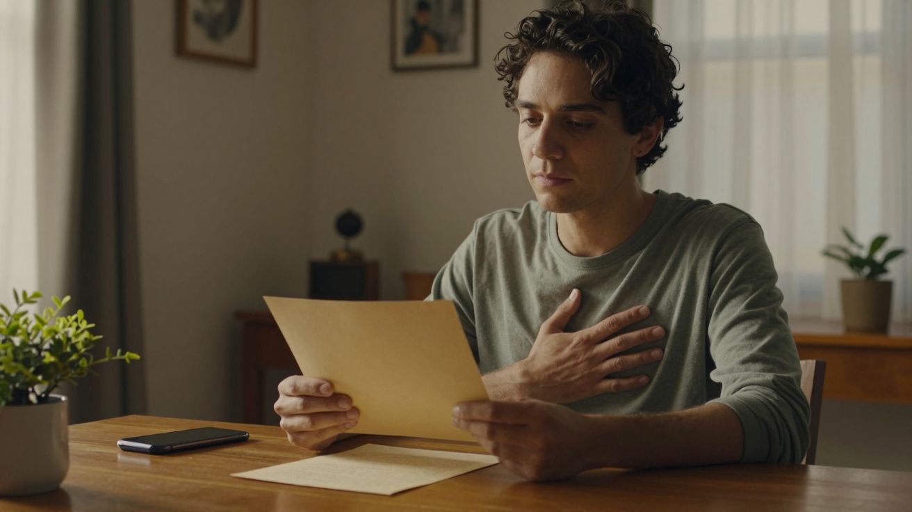 Homem sentado à mesa, com a mão no peito, segurando uma carta e olhando pensativo.