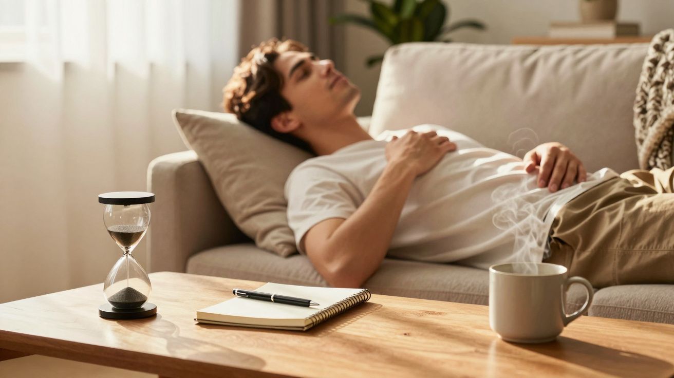 Homem a descansar no sofá ao lado de uma mesa com chávena, caderno e ampulheta, com luz suave ao fundo.