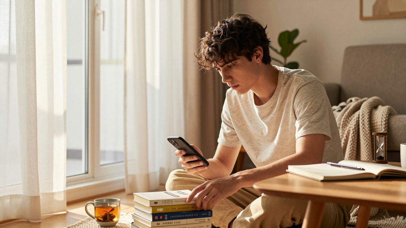 Jovem sentado no chão, a olhar para o telemóvel, com livros empilhados e uma chávena de chá ao lado.