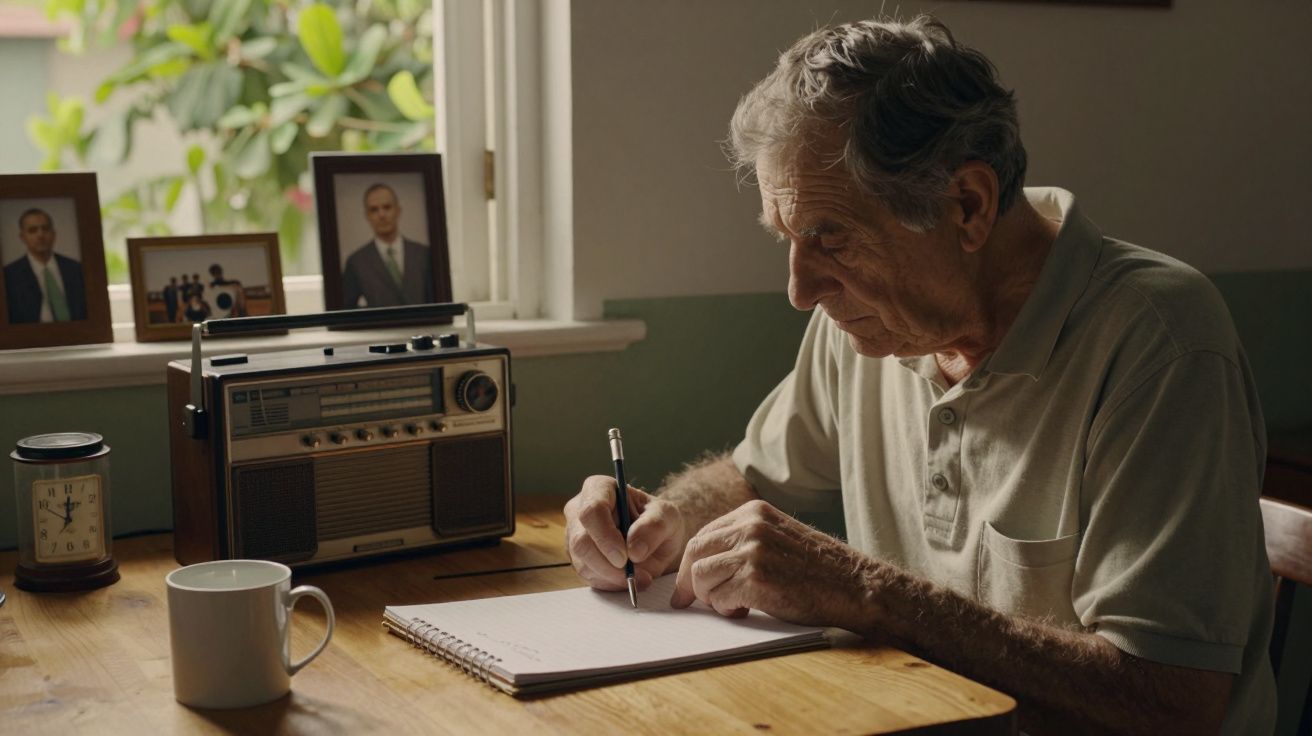 Homem idoso escreve em caderno numa mesa com rádio, chávena e fotografias emolduradas.
