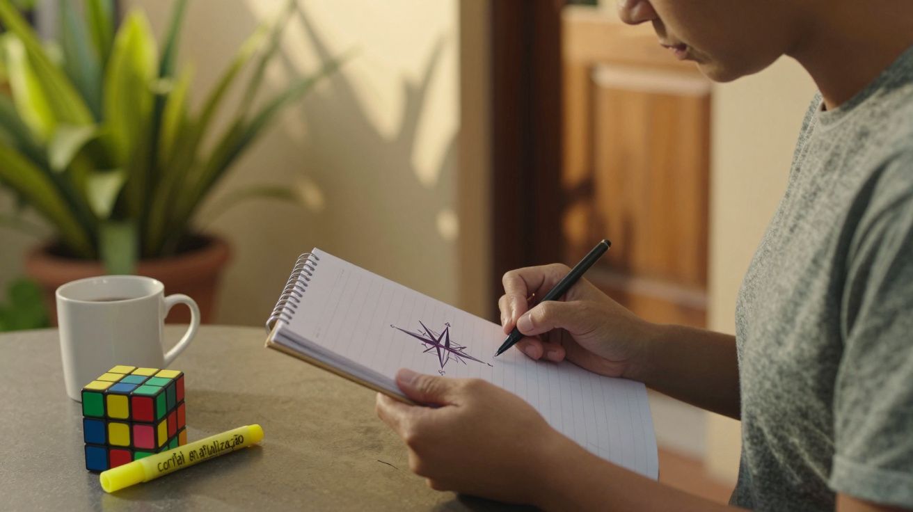 Pessoa desenha estrela em caderno numa mesa com cubo mágico, marcador amarelo e caneca branca perto de plantas.