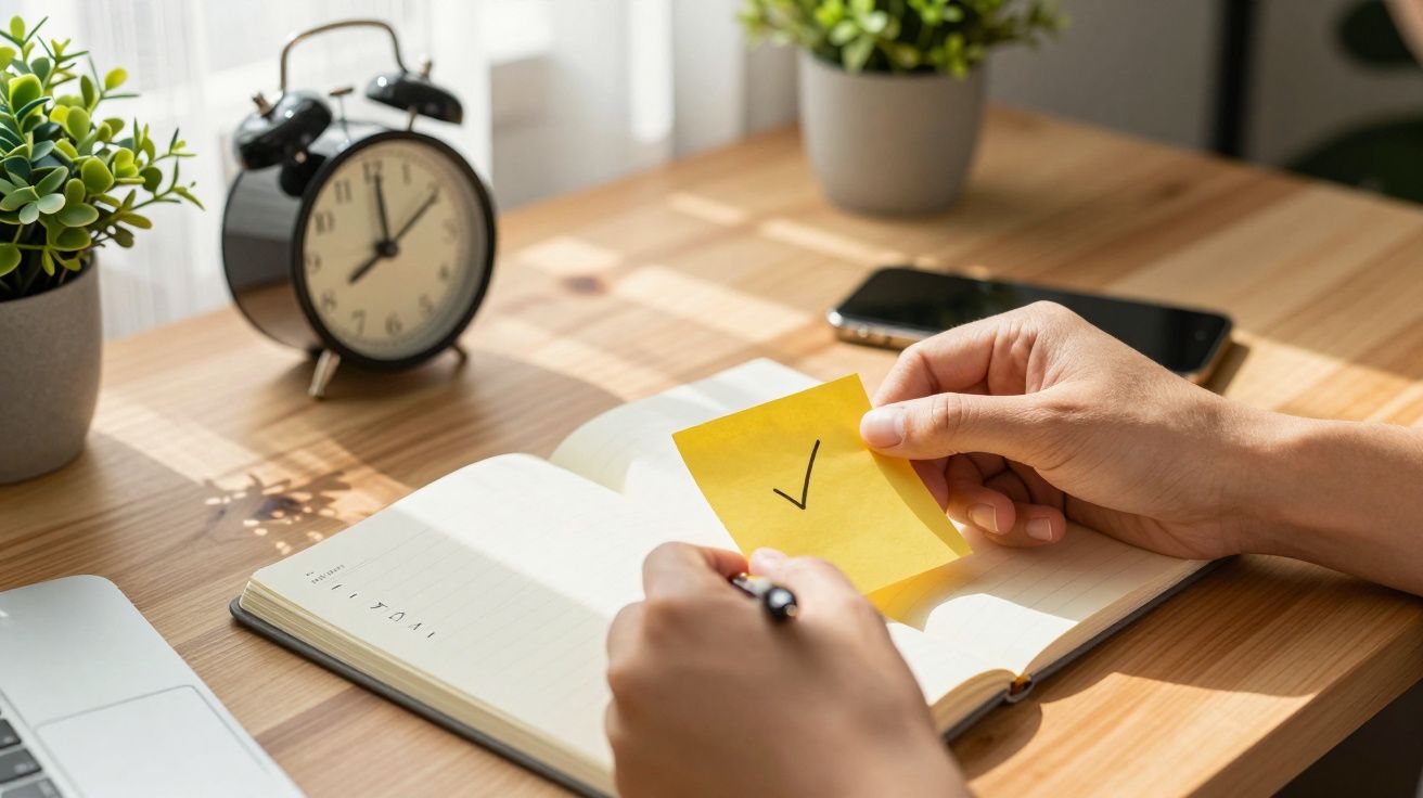 Mãos seguram post-it amarelo com visto sobre agenda aberta, relógio-despertador e plantas em fundo iluminado por janela.