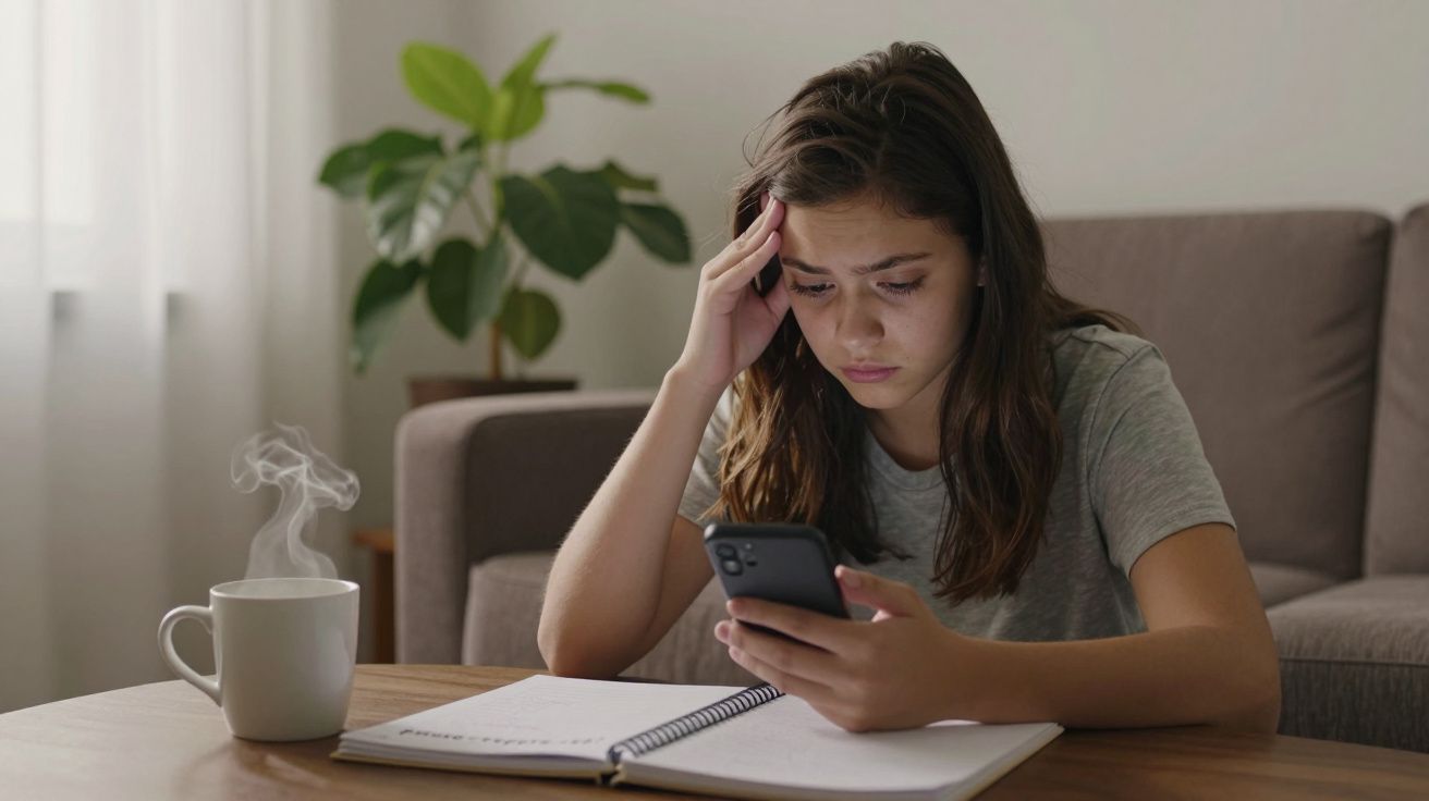 Mulher sentada no sofá, preocupada, segurando telemóvel, com chávena fumegante e caderno na mesa em frente.