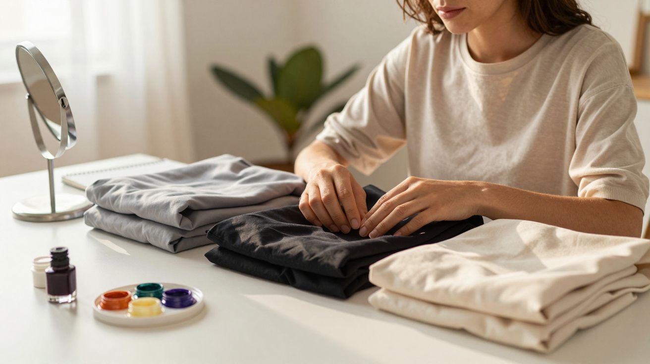 Mulher dobrando roupas em uma mesa com esmaltes e espelho ao lado.
