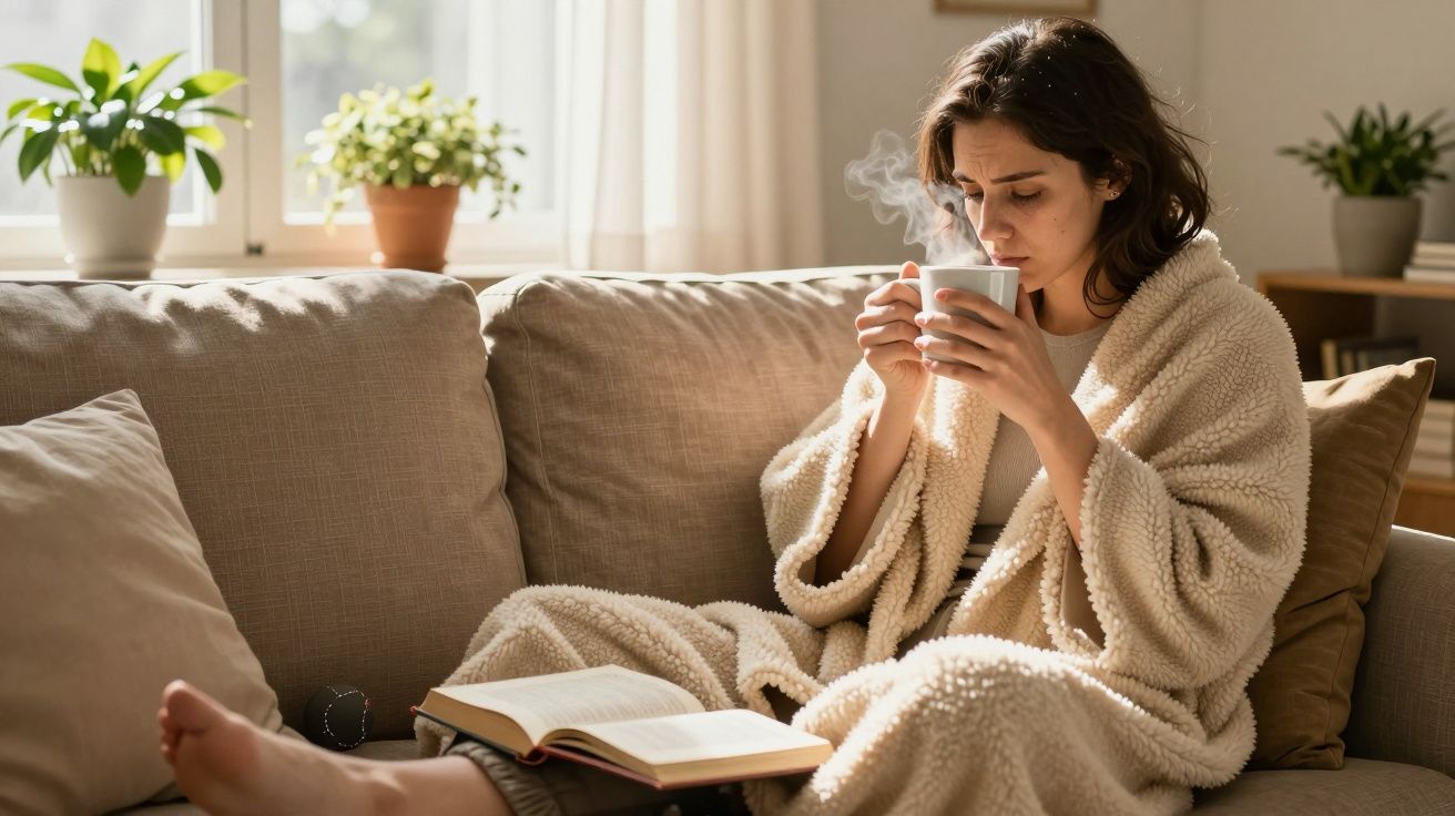 Mulher sentada num sofá com cobertor, a beber uma chávena de café, com livro aberto ao lado, plantas na janela.
